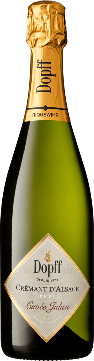 En glasflaska med Dopff Brut Cuvée Julien, en mousserande från Alsace i Frankrike