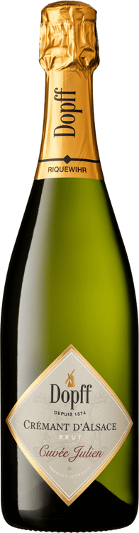 En glasflaska med Dopff Brut Cuvée Julien, en mousserande från Alsace i Frankrike