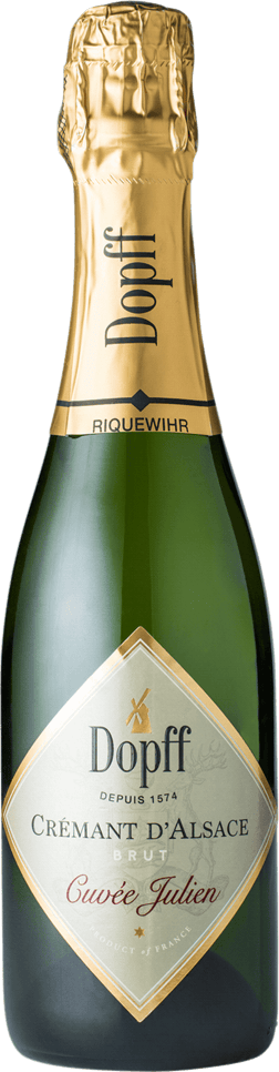 En glasflaska med Dopff Brut Cuvée Julien, en mousserande från Alsace i Frankrike
