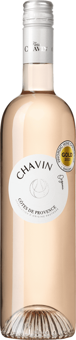 En glasflaska med Pierre Chavin Côtes de Provence Rosé, en rosévin från Provence i Frankrike