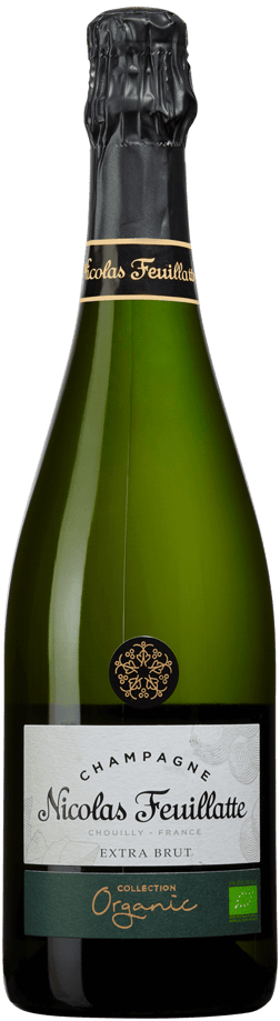 En glasflaska med Nicolas Feuillatte Collection Organic Extra Brut, ett champagne från Champagne i Frankrike