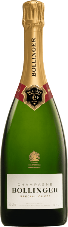 En glasflaska med Bollinger Special Cuvée Brut, ett champagne från Champagne i Frankrike