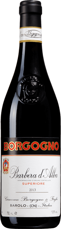 En glasflaska med Borgogno Barbera d'Alba Superiore, ett rött vin från Piemonte i Italien