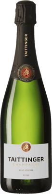 En glasflaska med Taittinger Brut Réserve, ett champagne från Champagne i Frankrike