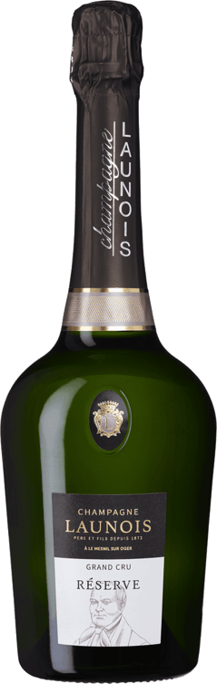 En glasflaska med Launois Blanc de Blancs, ett champagne från Champagne i Frankrike