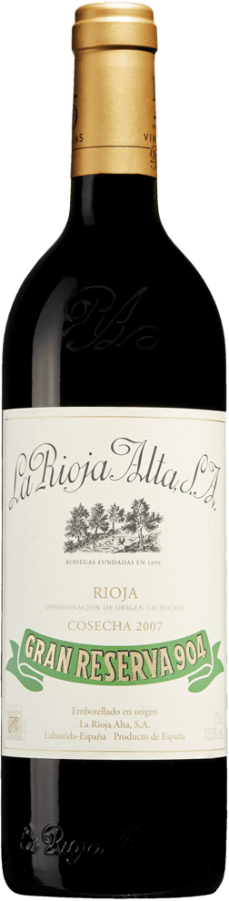 En glasflaska med La Rioja Alta Gran Reserva 904, ett rött vin från Rioja i Spanien