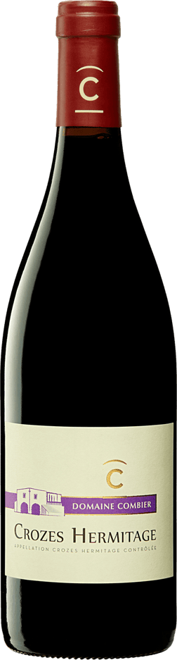 En glasflaska med https://www.systembolaget.se/produkt/vin/crozes-hermitage-7469601/, ett rött vin från Rhonedalen i Frankrike