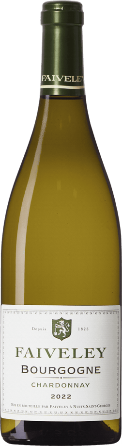En glasflaska med Faiveley Bourgogne Chardonnay 2022, ett vitt vin från Bourgogne i Frankrike