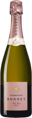 En glasflaska med Alexandre Bonnet Perlé Rose Brut NV, ett champagne från Champagne i Frankrike