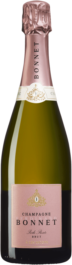 En glasflaska med Bonnet Perle Rosée Brut, ett champagne från Champagne i Frankrike