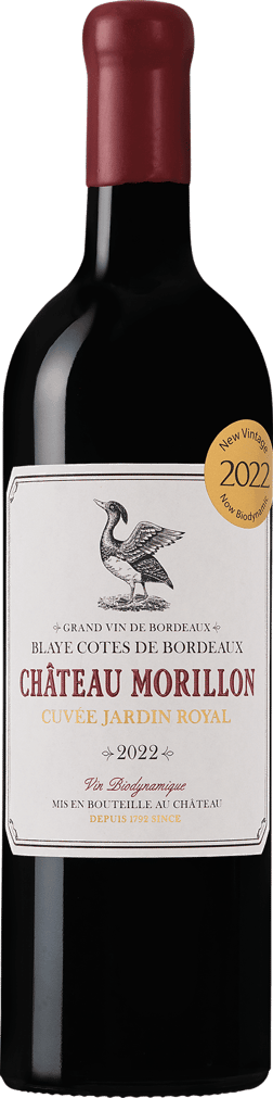 En glasflaska med Château Morillon Cuvée Jardin Royal Organic 2022, ett rött vin från Bordeaux i Frankrike