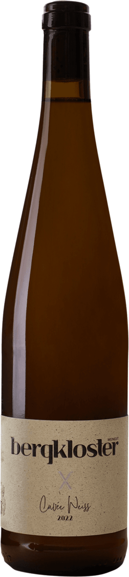 En glasflaska med Bergkloster Cuvée Weiss 2022, ett vitt vin från Rheinhessen i Tyskland