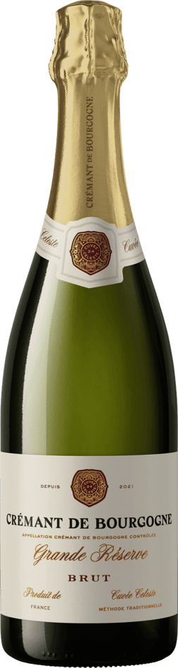 En glasflaska med Crémant de Bourgogne Grande Reserve Brut, ett mousserande vin från Bourgogne i Frankrike