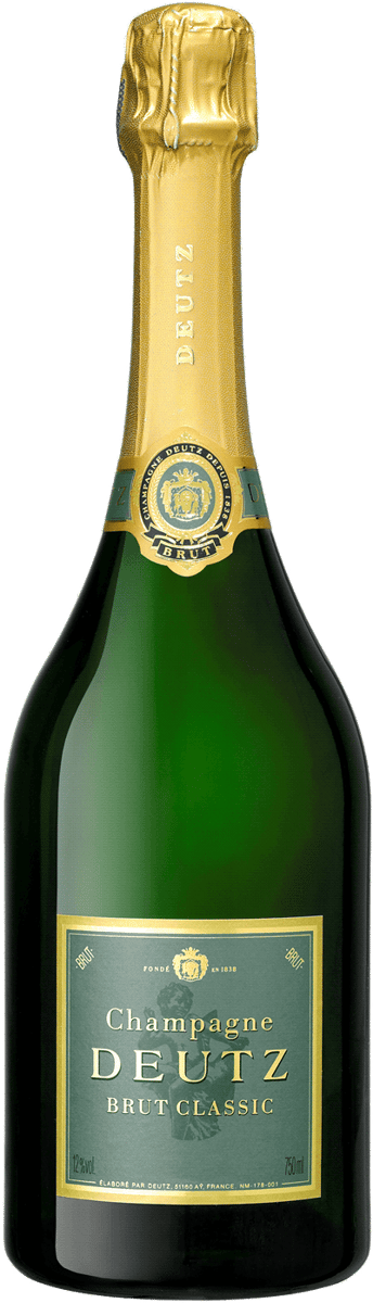 En glasflaska med Deutz Brut Classic, ett champagne från Champagne i Frankrike