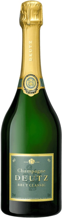 En glasflaska med Deutz Brut Classic, ett champagne från Champagne i Frankrike