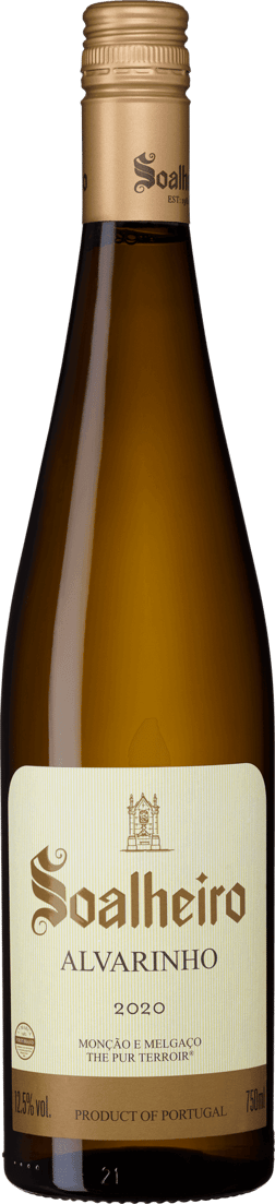 En lättare glasflaska med Soalheiro Alvarinho 2023, ett vitt vin från Vinho Verde i Portugal