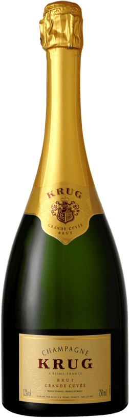 En glasflaska med Krug Grande Cuvée, ett champagne från Champagne i Frankrike