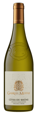 En lättare glasflaska med Gabriel Meffre Côtes-du-Rhône Terra White, ett vitt vin från Rhonedalen i Frankrike