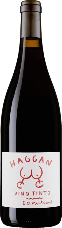 En glasflaska med Haggan Vino Tinto, ett rött vin från Katalonien i Spanien
