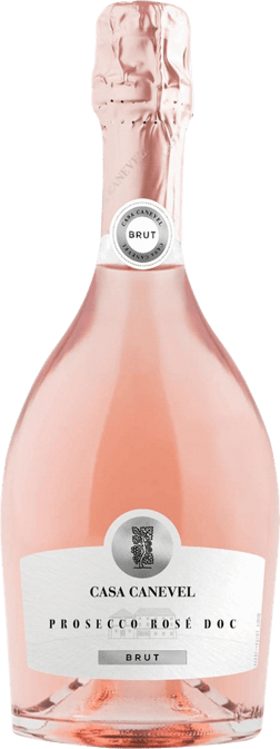 En glasflaska med Casa Canevel Prosecco Rosé Brut 2020, en mousserande från Venetien i Italien