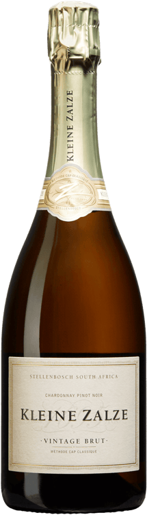 En glasflaska med Kleine Zalze Vintage Brut Method Cap Classic 2015, en mousserande från Western Cape i Sydafrika