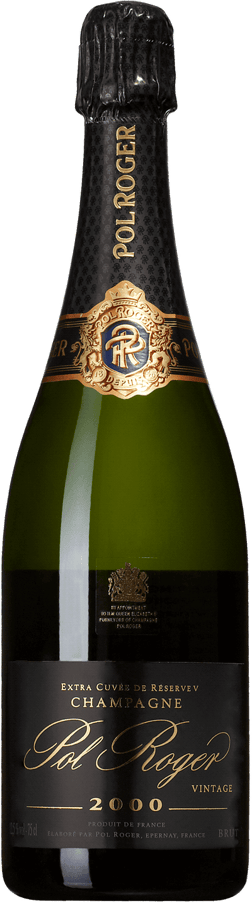 En glasflaska med Pol Roger Brut Vintage 2013, ett champagne från Champagne i Frankrike