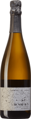 En glasflaska med Monsieur S Etienne Fort, en mousserande från Languedoc-Roussillon i Frankrike