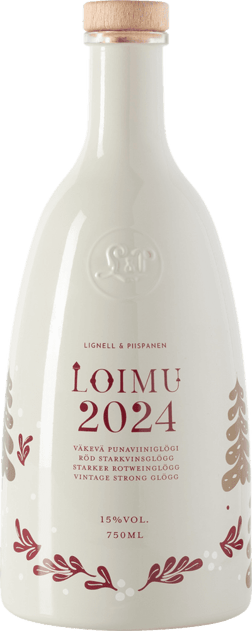 En glasflaska med Lignell & Piispanen Loimu 2024, en glögg och Glühwein från Finland