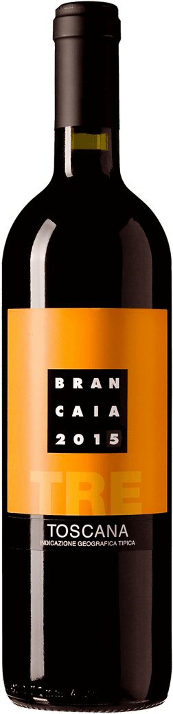 En lättare glasflaska med Brancaia Tre 2019, ett rött vin från Toscana i Italien