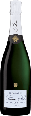En glasflaska med Palmer & Co. Blanc de Blancs, ett champagne från Champagne i Frankrike
