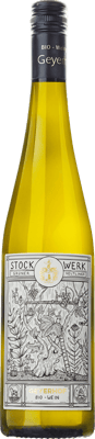 En lättare glasflaska med Geyerhof Stockwerk Grüner veltliner, ett vitt vin från Niederösterreich i Österrike