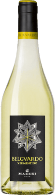 En glasflaska med Mazzei Belguardo Vermentino 2019, ett vitt vin från Toscana i Italien
