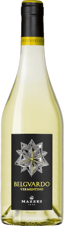 En glasflaska med Mazzei Belguardo Vermentino 2019, ett vitt vin från Toscana i Italien