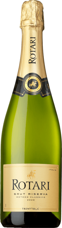 En glasflaska med Rotari Brut Riserva, en mousserande från Trentino-Alto Adige i Italien