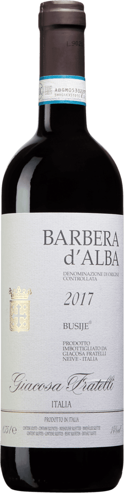 En lättare glasflaska med Barbera d’Alba Superiore, ett rött vin från Piemonte i Italien