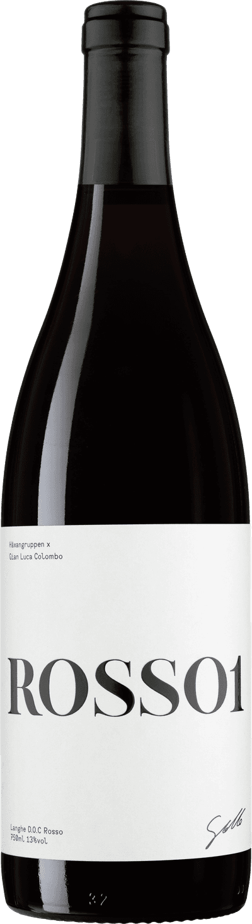 En glasflaska med Rosso 1, ett rött vin från Piemonte i Italien