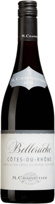 En lättare glasflaska med Belleruche Côtes-du-Rhône Chapoutier, ett rött vin från Rhonedalen i Frankrike