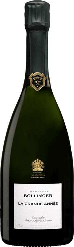 En glasflaska med Bollinger La Grande Année Brut 2012, ett champagne från Champagne i Frankrike