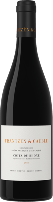 En lättare glasflaska med Frantzén & Cauble, ett rött vin från Rhonedalen i Frankrike