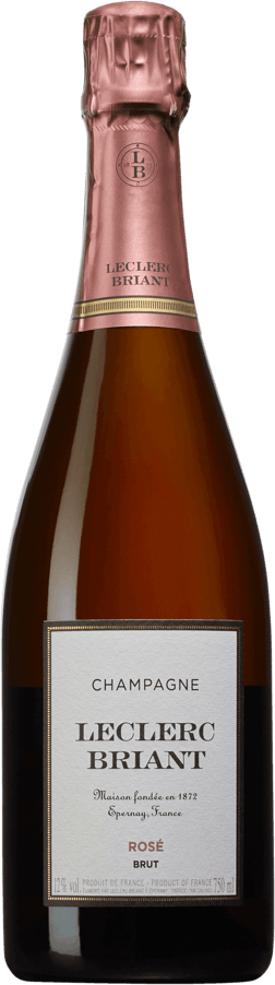 En glasflaska med Leclerc Briant Champagne Rosé, ett champagne från Champagne i Frankrike