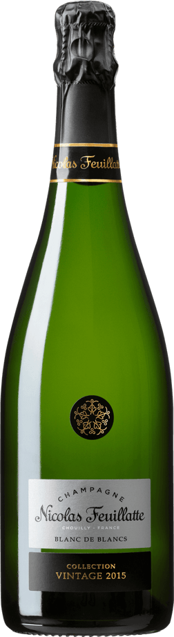 En glasflaska med Nicolas Feuillatte Blanc de Blancs Collection Vintage 2018, ett champagne från Champagne i Frankrike