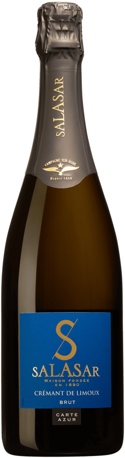 En glasflaska med Salasar Crémant de Limoux Brut, en mousserande från Languedoc-Roussillon i Frankrike