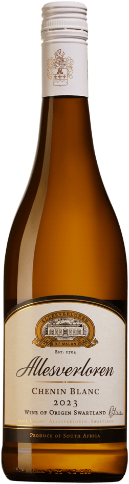 En lättare glasflaska med Allesverloren Chenin Blanc 2023, ett vitt vin från Western Cape i Sydafrika