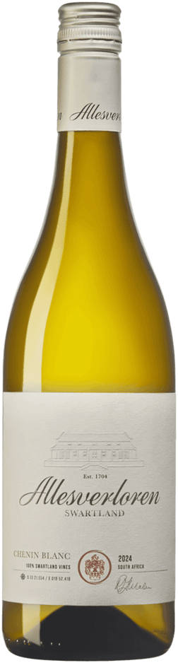 En lättare glasflaska med Allesverloren Chenin Blanc 2023, ett vitt vin från Western Cape i Sydafrika