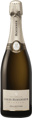 En glasflaska med Louis Roederer Brut Premier, ett champagne från Champagne i Frankrike