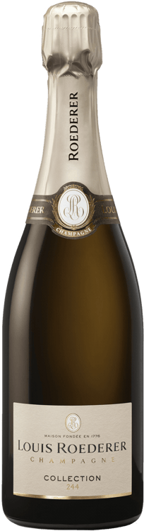 En glasflaska med Louis Roederer Collection 244, ett champagne från Champagne i Frankrike
