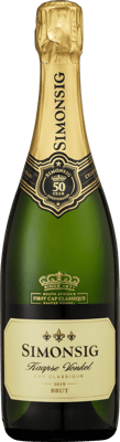 En glasflaska med Simonsig Kaapse Vonkel Brut, en mousserande från Western Cape i Sydafrika