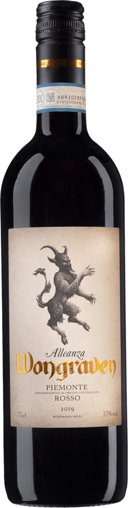 En flaska med Wongraven Alleanza Piemonte Rosso, ett rött vin från Piemonte i Italien