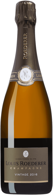 En glasflaska med Louis Roederer Brut Vintage, ett champagne från Champagne i Frankrike