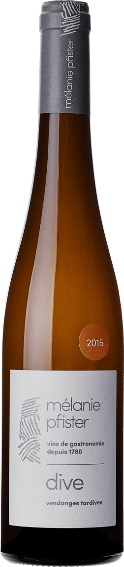 En glasflaska med Dive Riesling Silberberg Vendanges Tardive 2007, ett vitt vin från Alsace i Frankrike